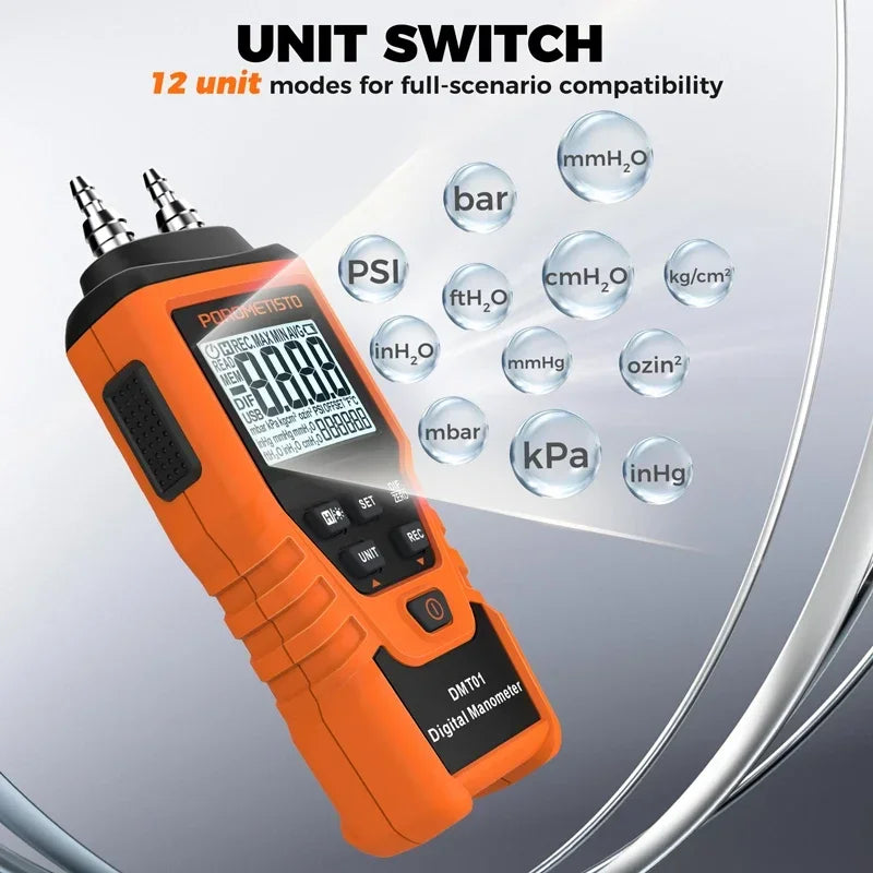 POROMETISTO DMT01 Digital Manometer | 12-Unit Dual Port Gauge Digital Manometer QXL