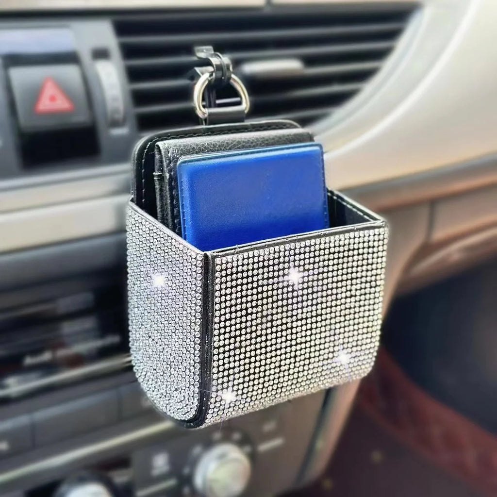 Car Air Vent Organizer | PU Leather Crystal Storage Box Car Vent Organizer QXL white
