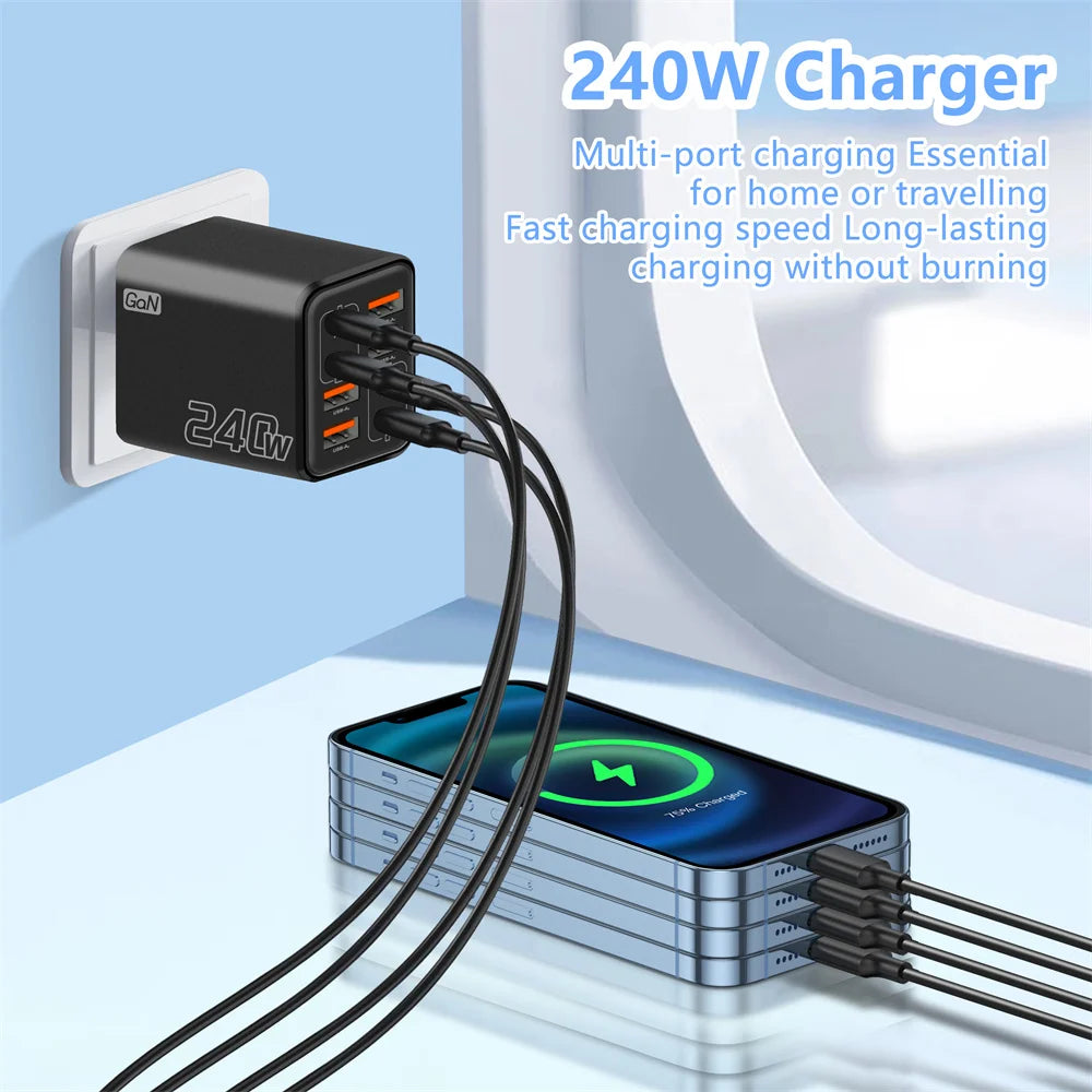 240W 8-Port USB-C PD QC 3.0 Fast Charger | Multi-Device Multi-Port USB Charger QXL