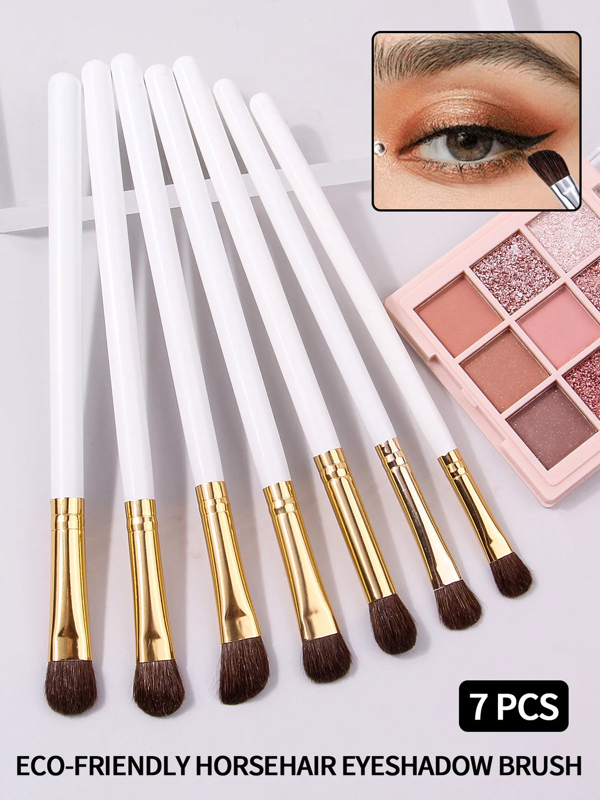 KOSSHOW 7-Pc Pony Hair Eye Makeup Brush Set | Professional Eye Makeup Brush Set QXL white gold