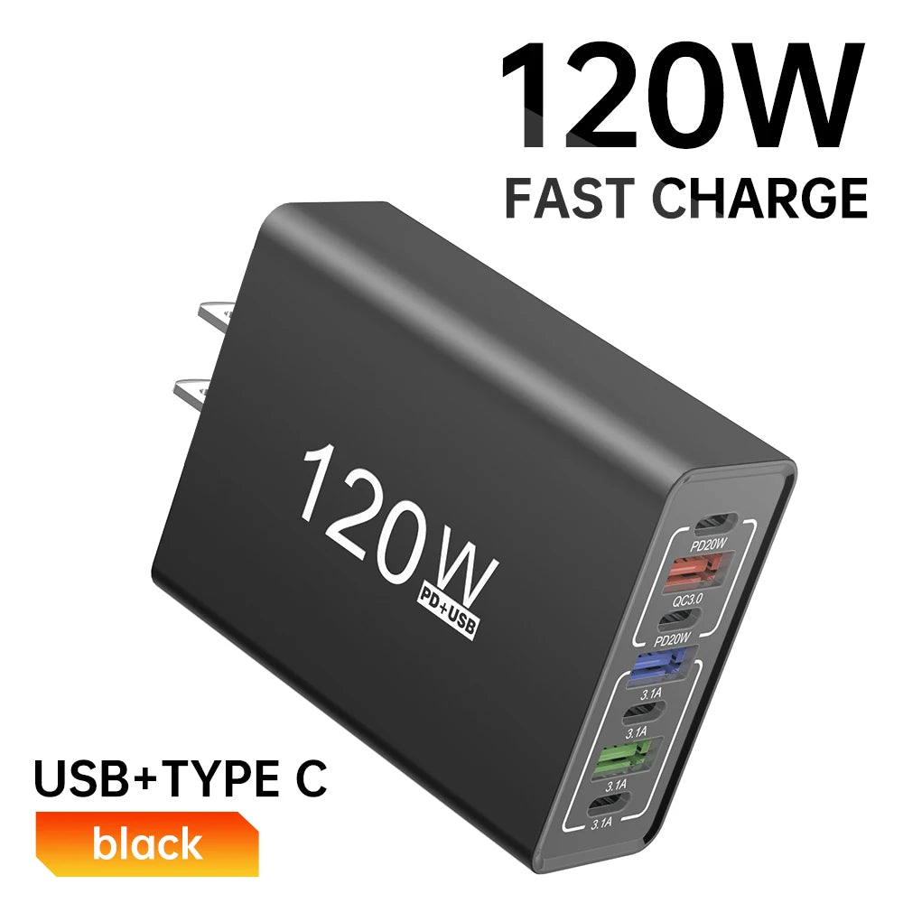 7-Port 120W USB-C PD Fast Wall Charger | EU & US Plug USB-C Wall Charger QXL Black US