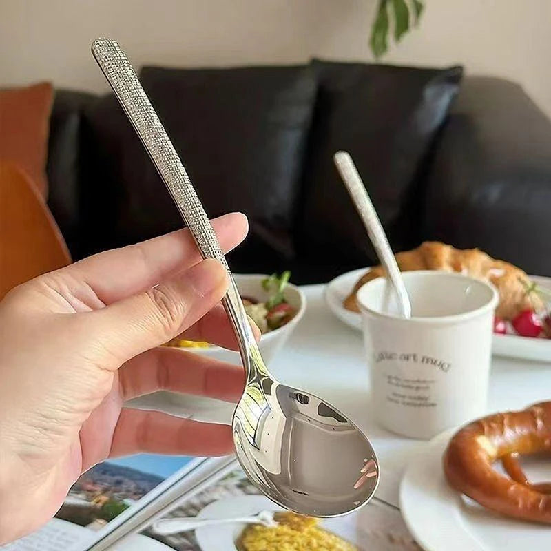 Stainless Steel Long Handle Dessert Spoons | Korean Style Dessert Spoon Set QXL