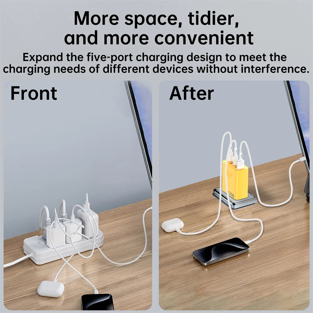 120W 5-Port USB-C Fast Charger PD Quick Charge 3.0 Wall Plug USB-C Wall Charger QXL
