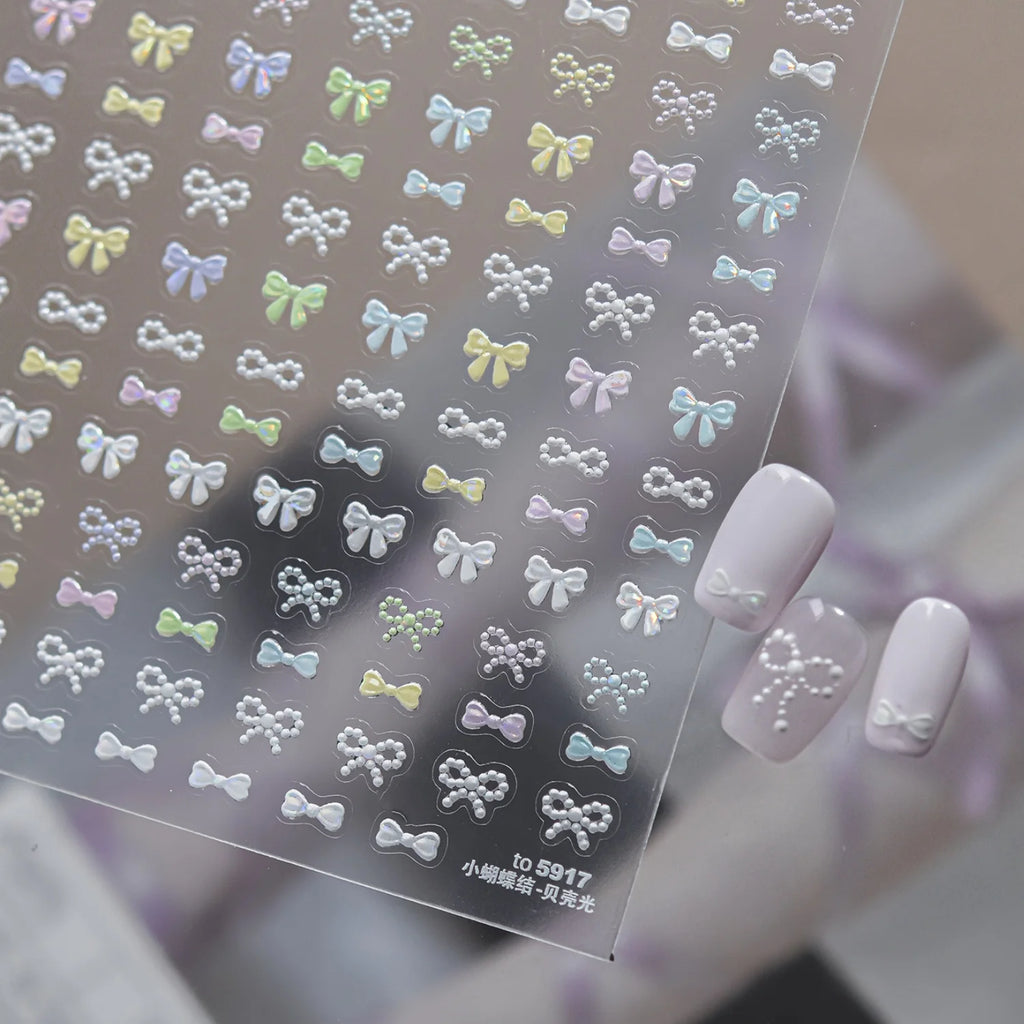 5D Bow Nail Stickers | Pearl Macaron French Style Decals Nail Art Stickers QXL