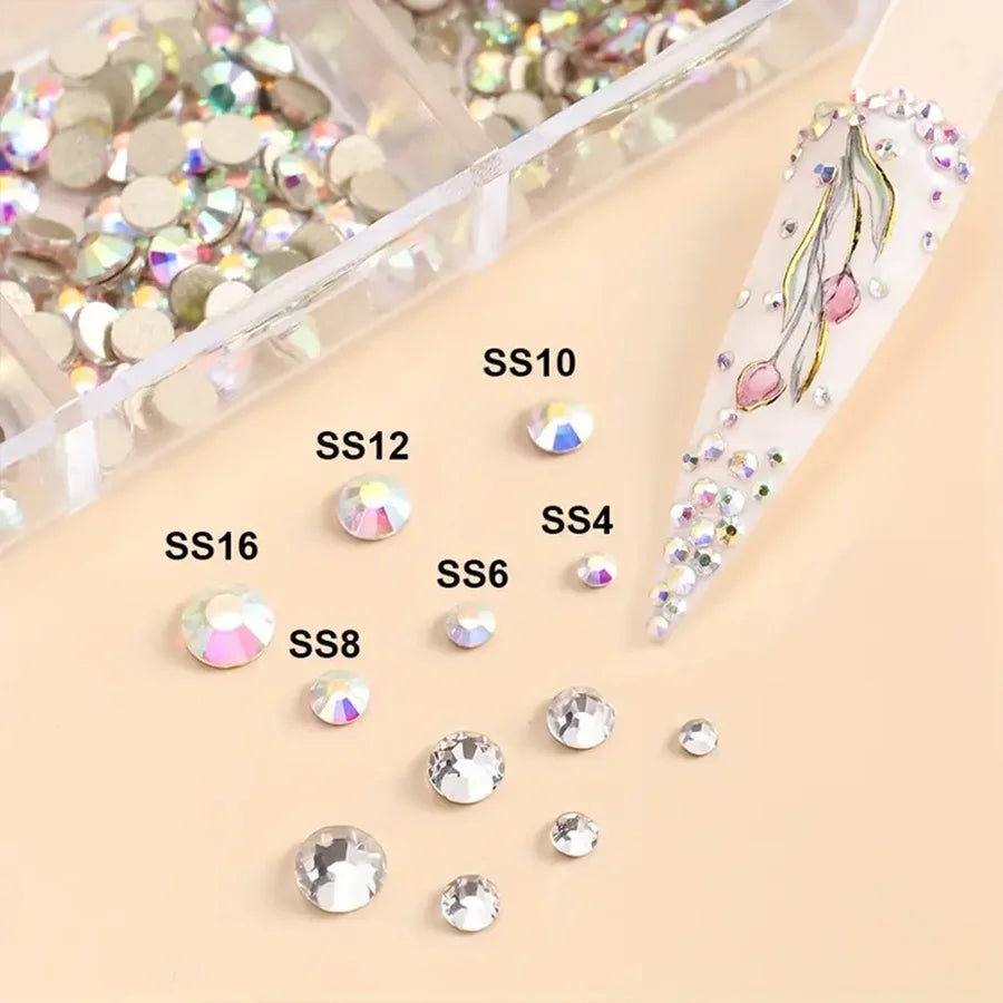 1440-Pc AB & White Glass Nail Rhinestones | 12-Grid Mixed Set Nail Rhinestone Set QXL