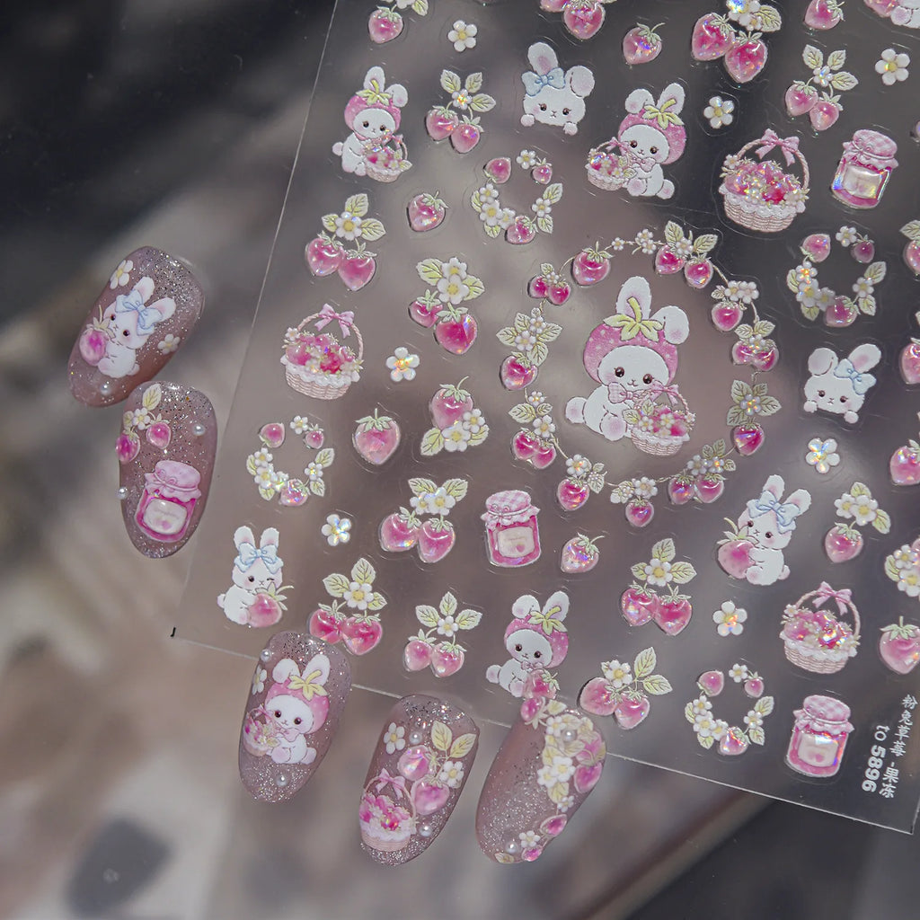 Pink Rabbit Strawberry 5D Nail Stickers | Cute Bunny Decals Nail Art Stickers QXL