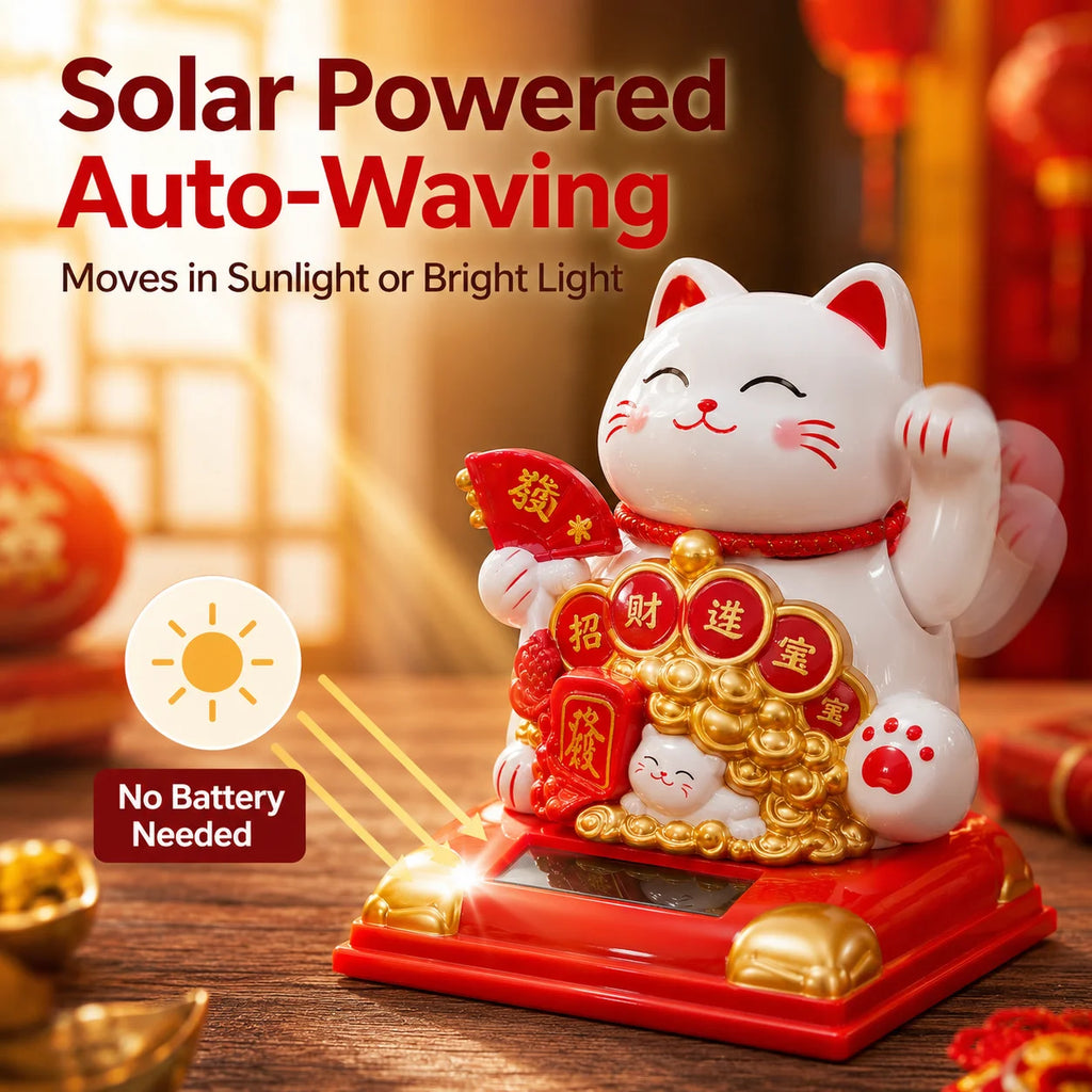 Solar Waving Lucky Cat | Maneki Neko Desk & Car Ornament Solar Figurine Ornament QXL