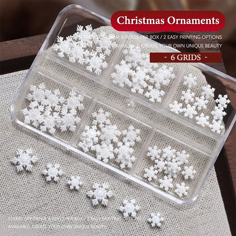 6-Grid Christmas Nail Charms | Snowflake Beads & Rhinestones Nail Art Charms QXL White