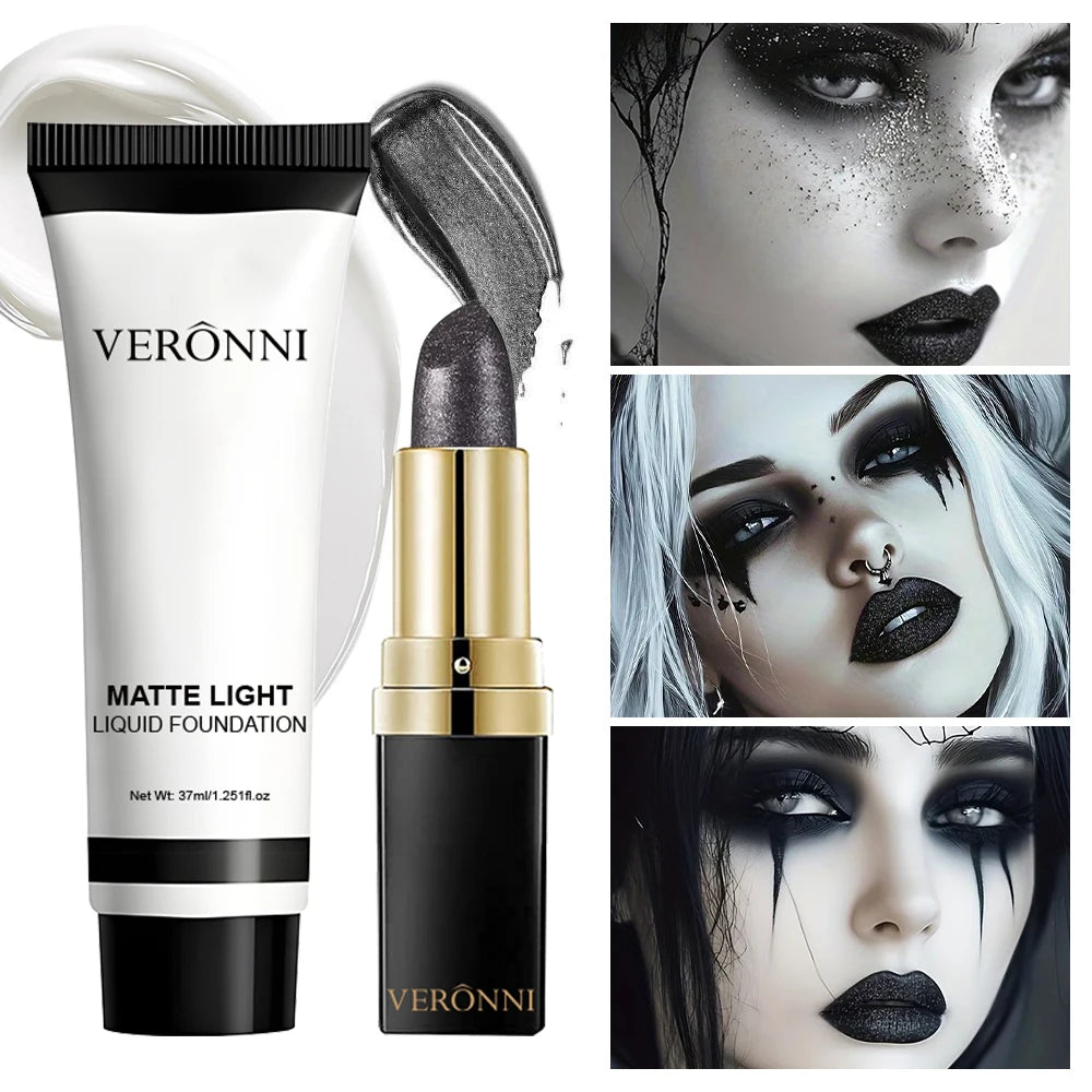 Matte White Foundation & Black Lipstick | Goth Halloween Set Cosplay Makeup Set QXL