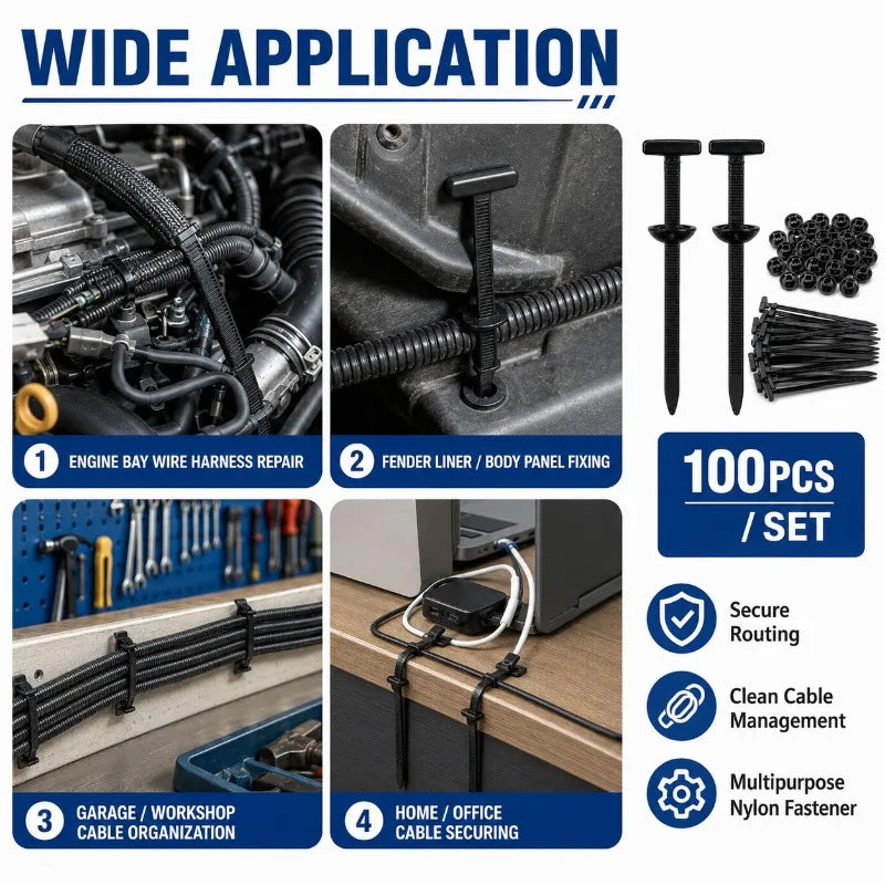 100-Pack Push Mount Cable Ties | Nylon Wire Harness Clips Automotive Cable Fasteners QXL