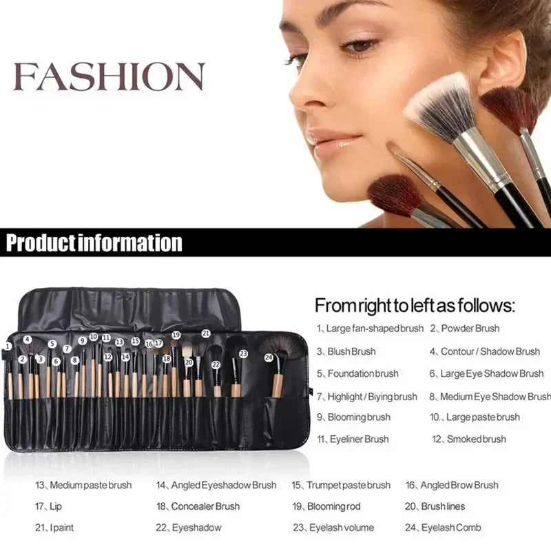 24-Piece Professional Makeup Brush Set | Leather Roll Case Makeup Brush Set QXL