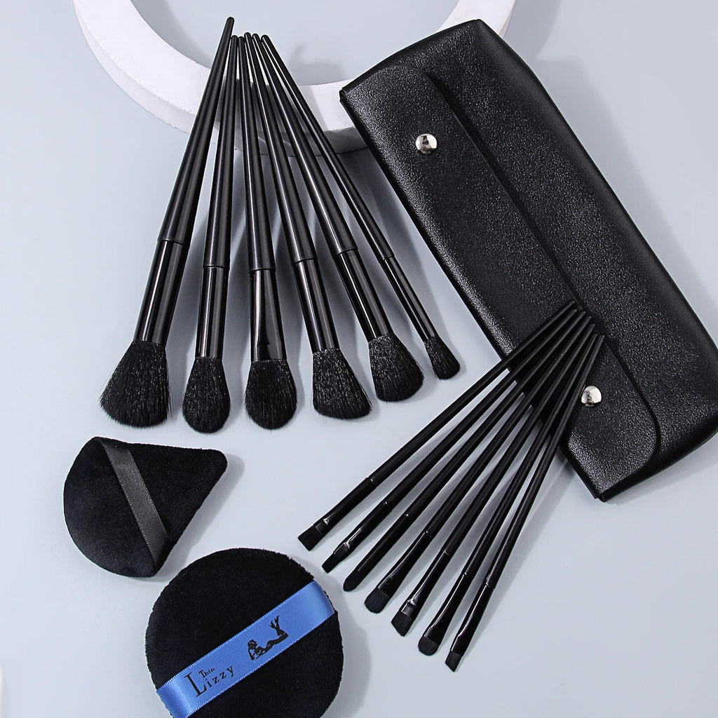 16-Pc Black Makeup Brush Set with PU Bag & Powder Puffs Makeup Brush Set QXL