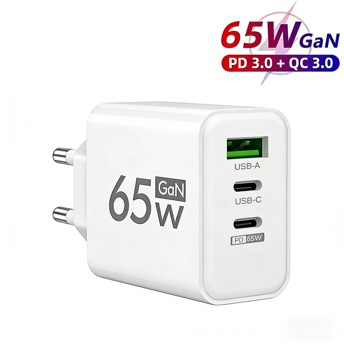 65W GaN 3-Port USB-C Fast Charger | PD3.0 QC3.0 Adapter GaN Wall Charger QXL
