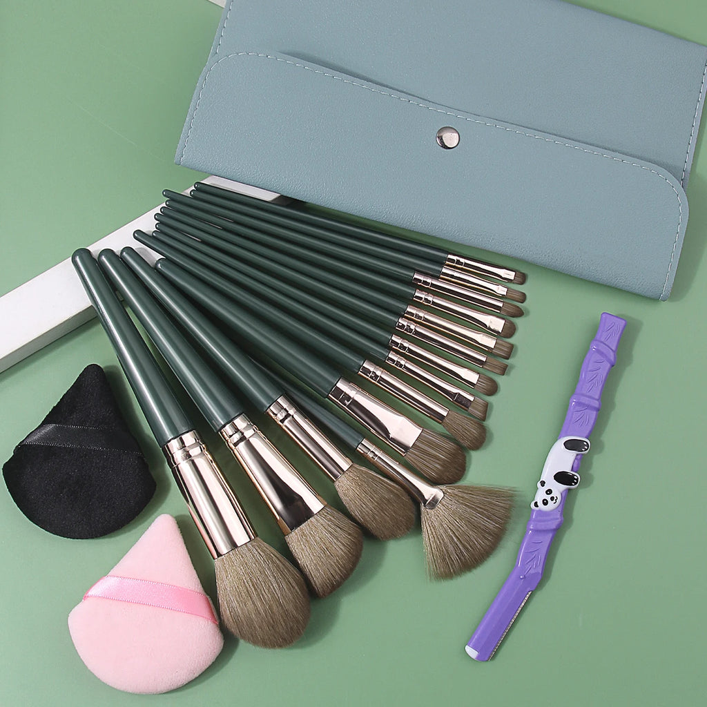 18-Pc Green Makeup Brush Set with Bag, Puffs & Razor Makeup Brush Set QXL