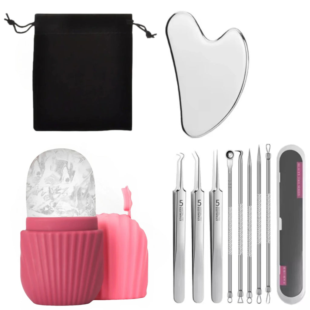 Face Ice Roller, Gua Sha Board & Blackhead Extractor Set Facial Skincare Tool Set QXL Rose red Set