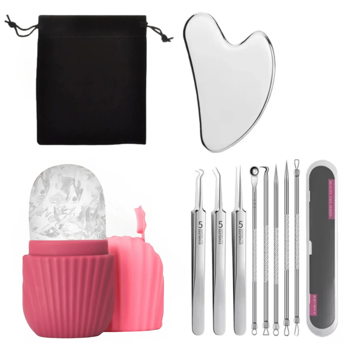 Face Ice Roller, Gua Sha Board & Blackhead Extractor Set Facial Skincare Tool Set QXL Rose red Set
