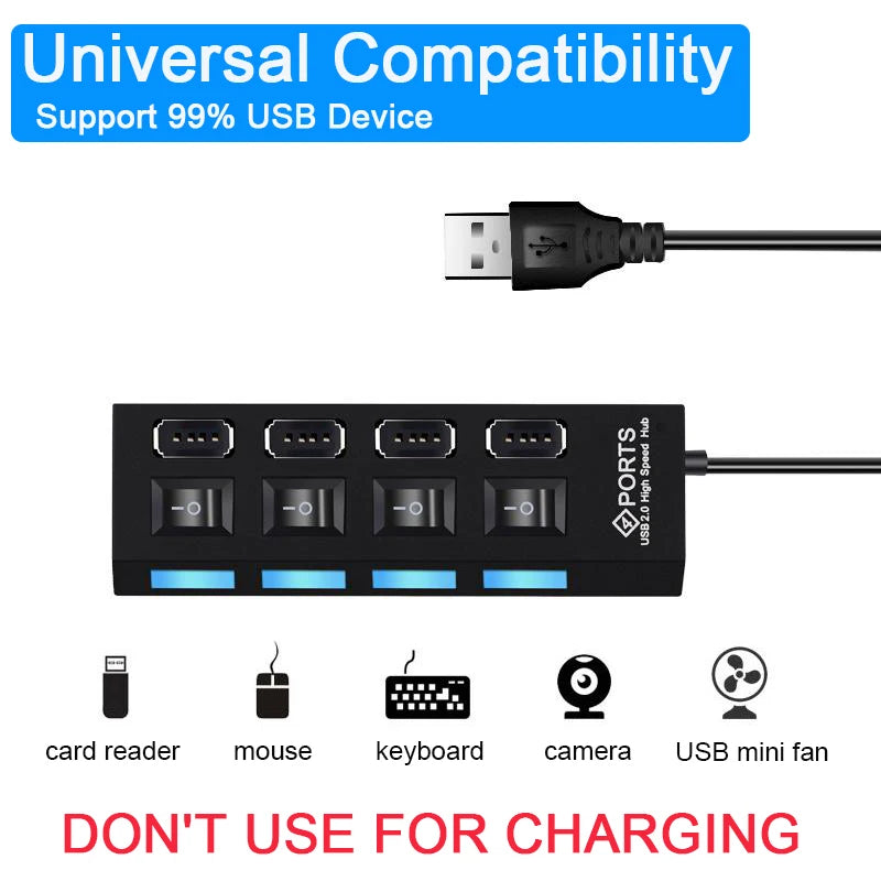 4/7-Port USB 2.0 Hub with LED Switches | PC & Laptop Splitter USB Hub QXL