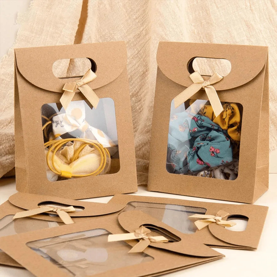 12-Pack Kraft Stand-Up Gift Bags with Window & Ribbon Gift Bags QXL