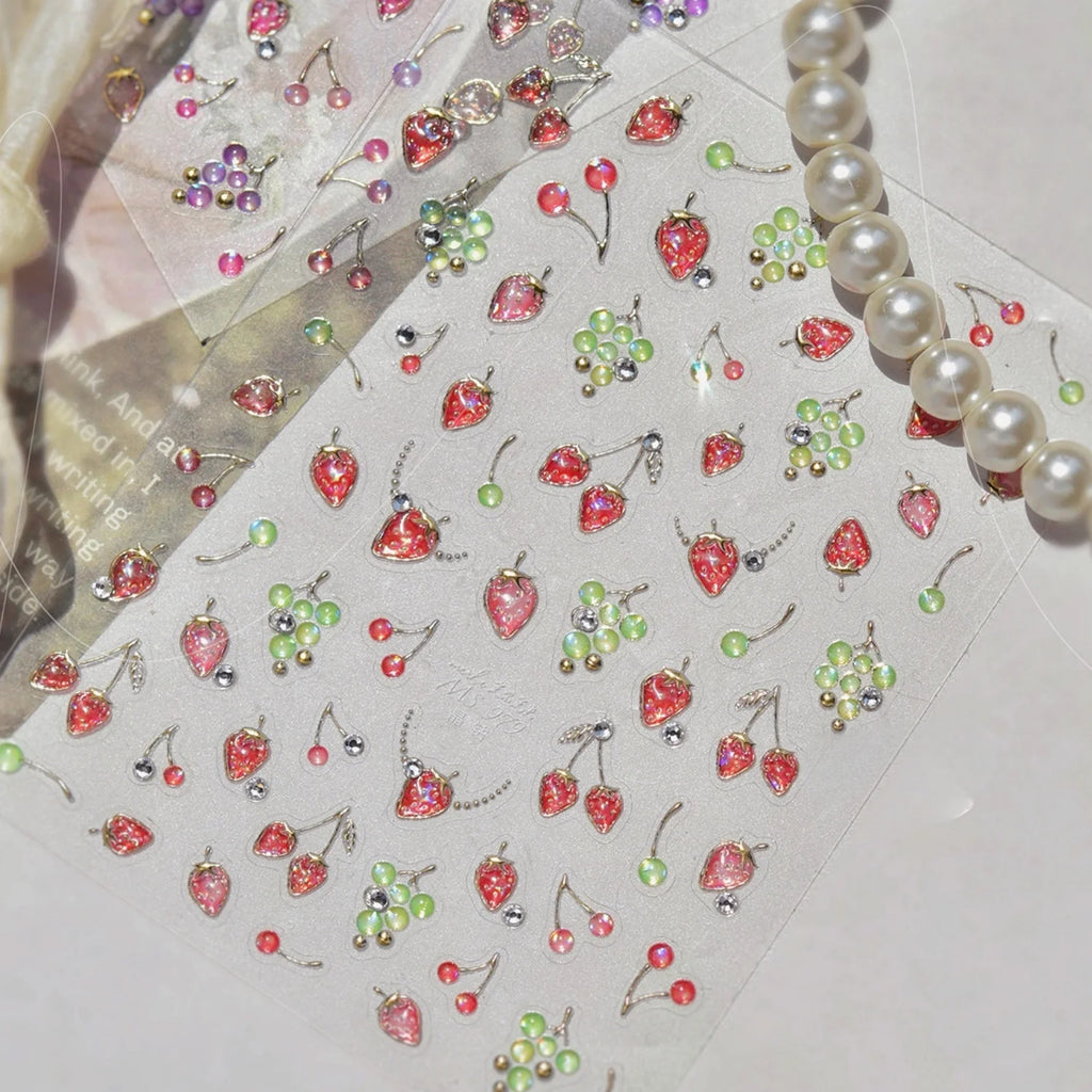 5D Embossed Fruit Nail Stickers | Rhinestone Decals – Strawberry Nail Art Stickers QXL