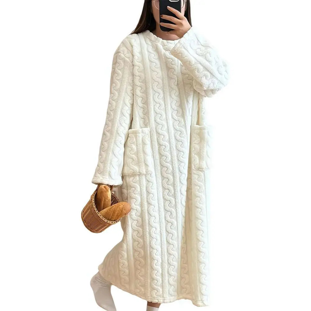 Women's Coral Fleece Nightgown | Long Sleeve Flannel Sleepwear Fleece Nightgown QXL White