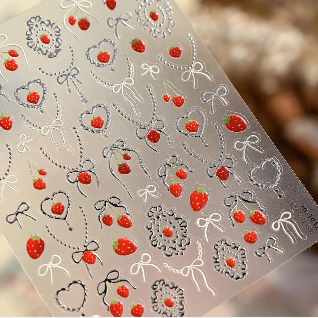 5D Strawberry Nail Stickers | Bow Pearl Self-Adhesive Decals Nail Art Stickers QXL