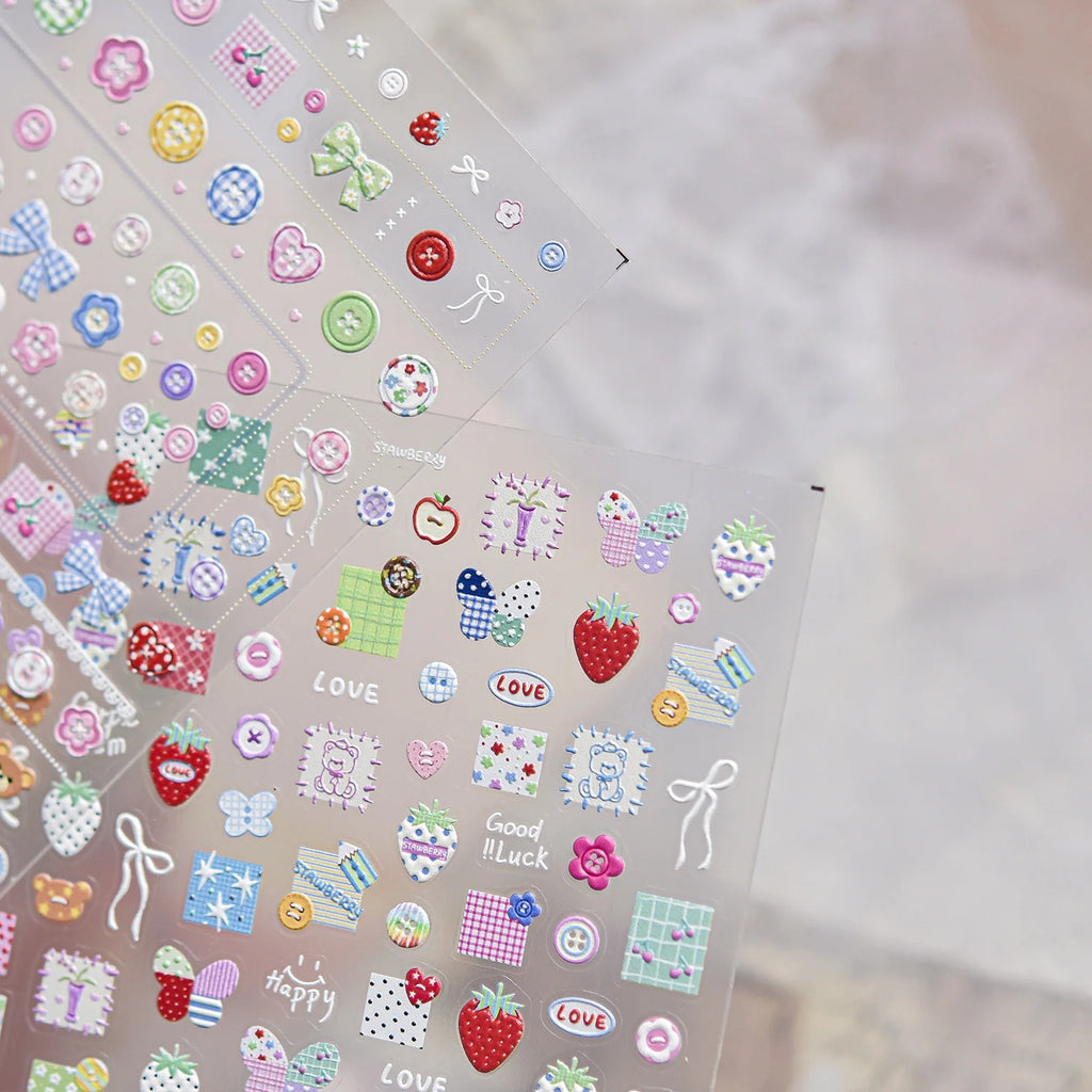 5D Cartoon Nail Stickers | Bear Bow Strawberry Self-Adhesive Nail Art Stickers QXL