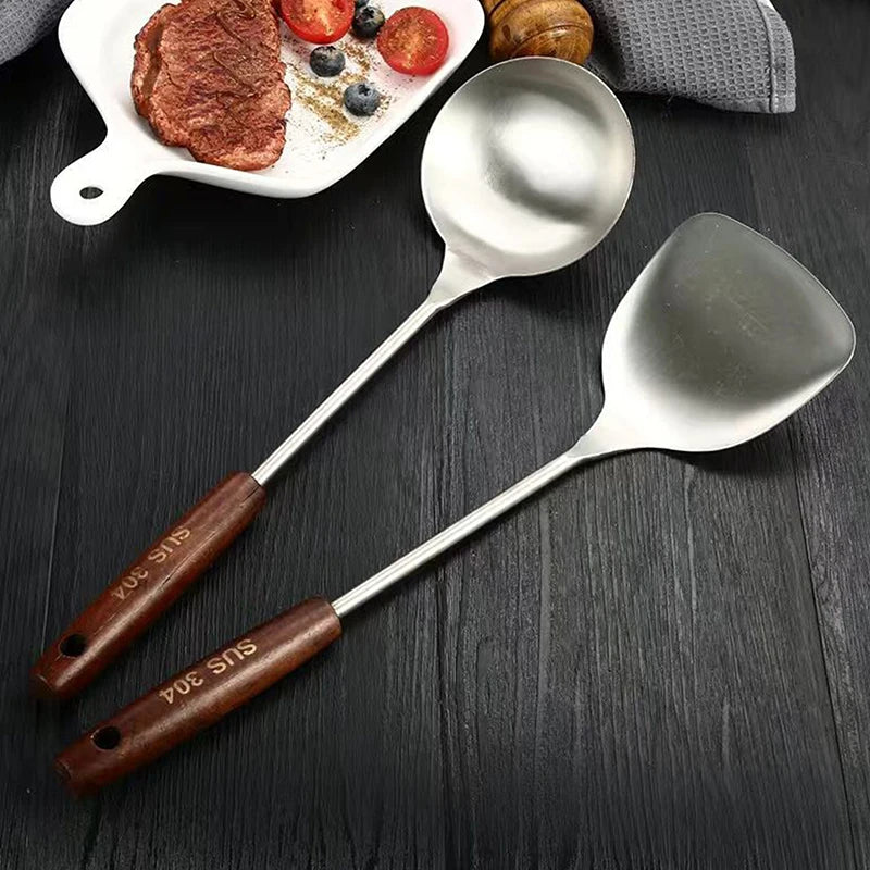Stainless Steel Wok Spatula & Ladle – Wooden Handle Set Kitchen Utensil Set QXL