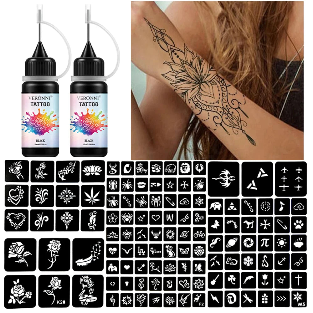 Temporary Tattoo Ink Kit with 120 Stencils | DIY Body Art Temporary Tattoo Kit QXL
