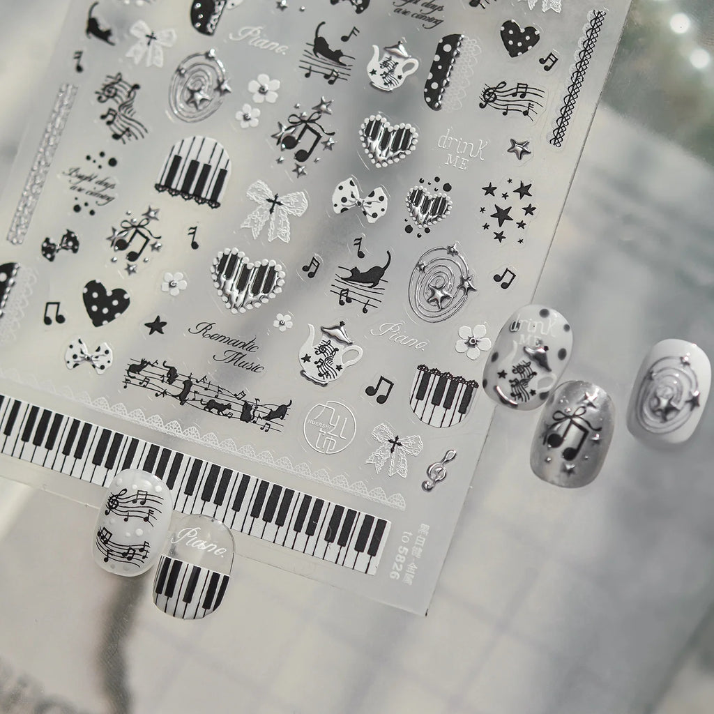 5D Piano Nail Stickers – Retro Music Note & Lace Decals Nail Art Stickers QXL
