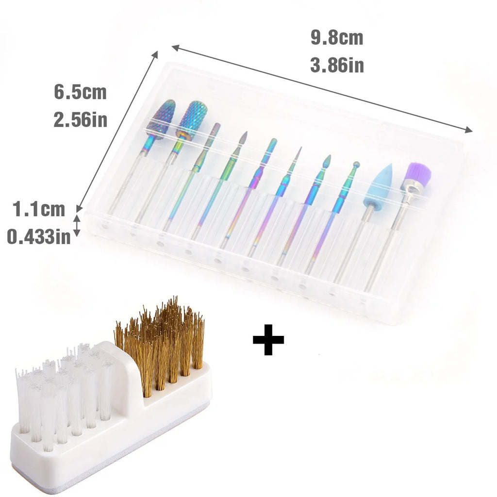 11-Pc Tungsten Carbide Nail Drill Bit Set 3/32 + Cleaning Brush Nail Drill Bit Set QXL