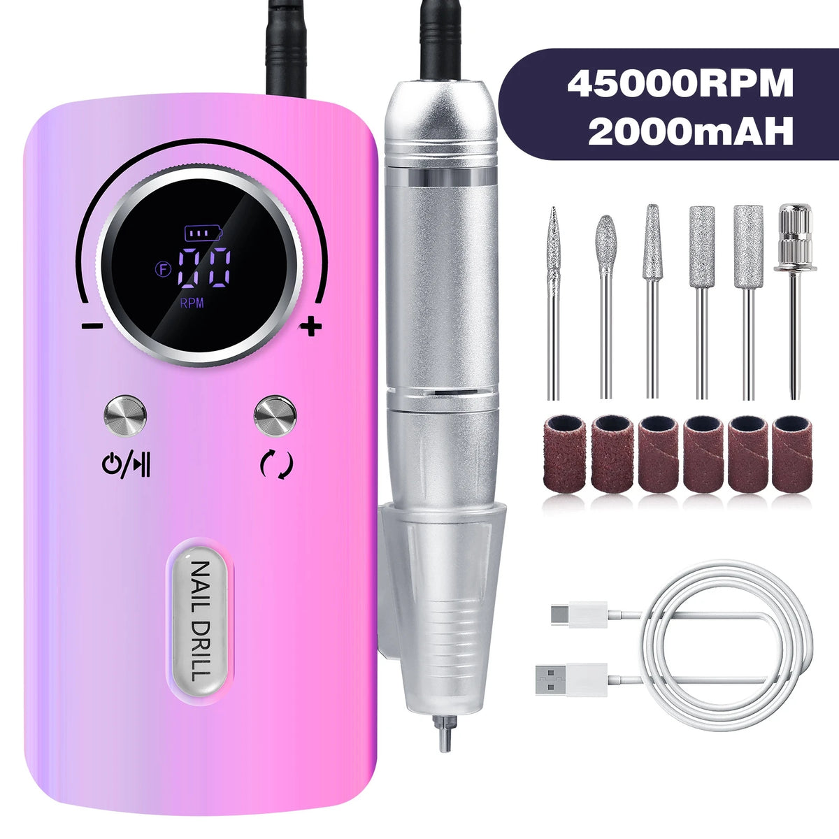 45000 RPM Rechargeable Nail Drill | Pro Electric File Kit Electric Nail Drill QXL V1-purple