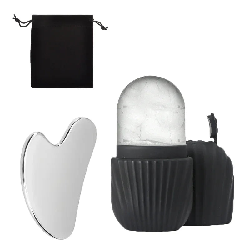 Ice Face Roller & Gua Sha Board Set | Facial Massager Facial Massage Tool QXL 3Pcs set Black