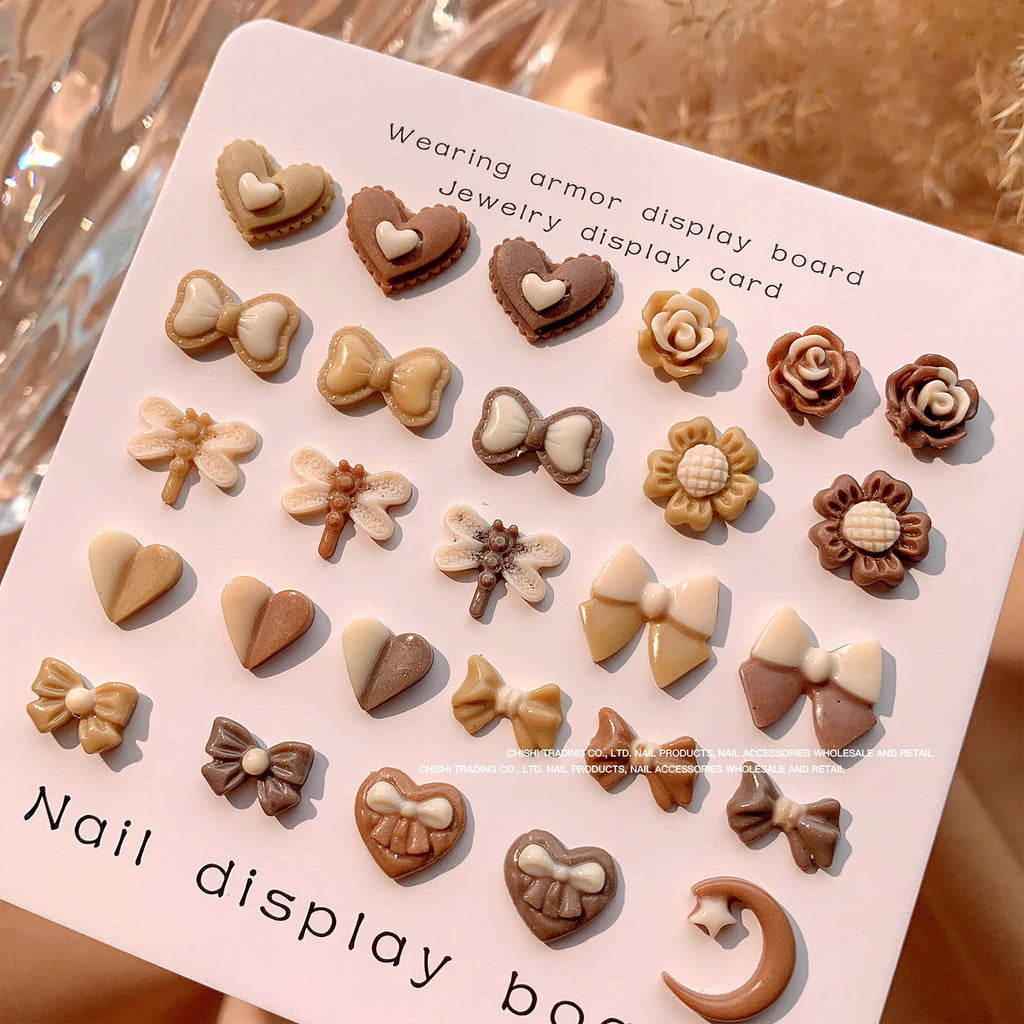 50-Pc 3D Kawaii Nail Charms | Autumn Brown Resin Heart Bow Flower 3D Nail Art Charms QXL