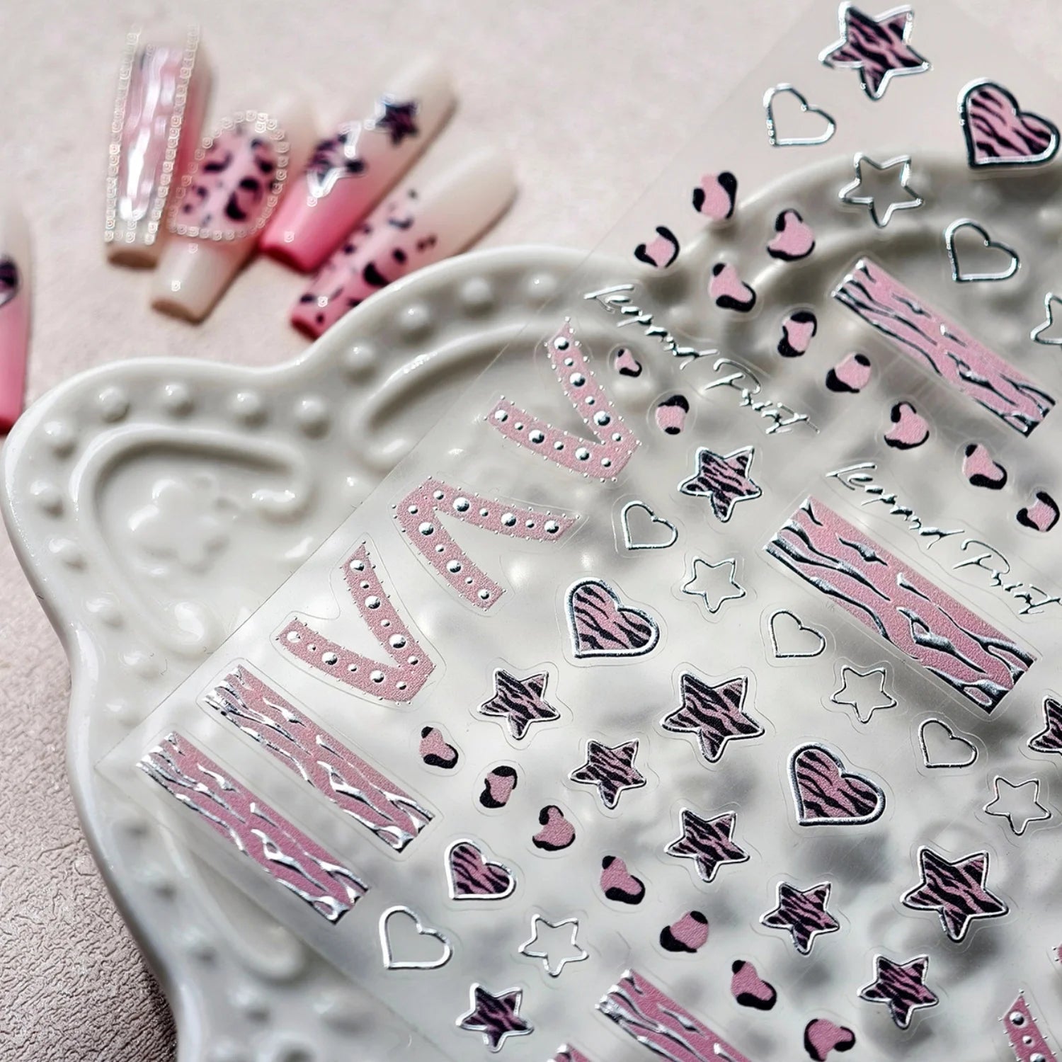 5D Nail Art Stickers – Punk Pink Leopard Hearts & Stars Nail Art Stickers QXL