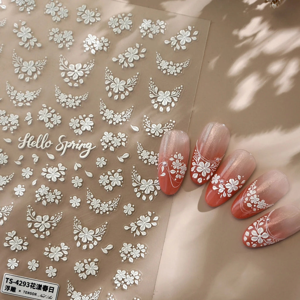 5D White Floral Nail Stickers | Self-Adhesive Spring Decals Nail Art Stickers QXL
