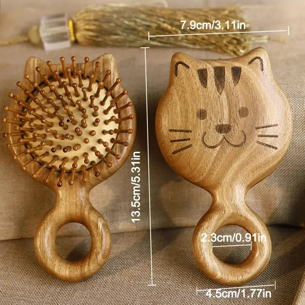 Sandalwood Cat-Shaped Cushion Comb | Anti-Static Wooden Wooden Hair Comb QXL