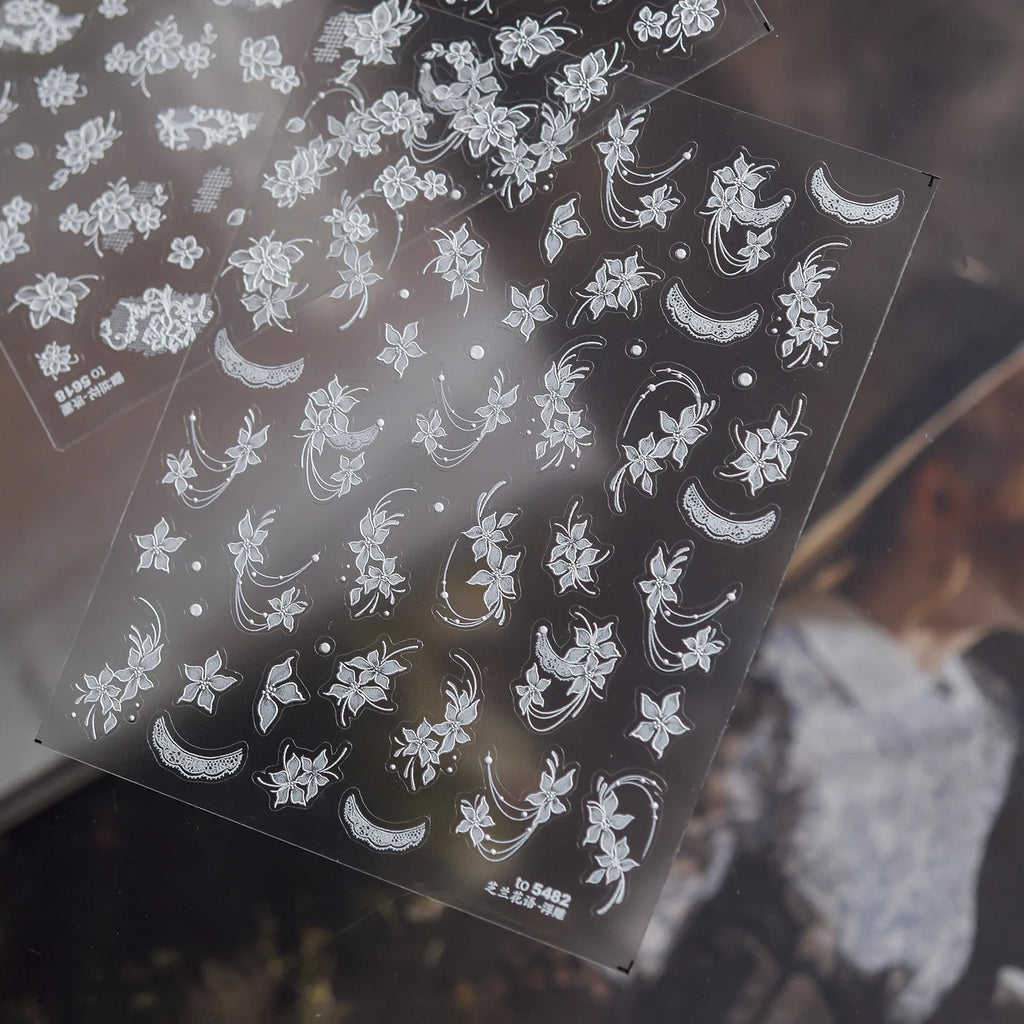 5D White Orchid Nail Stickers | Floral Lace Moon Nail Decals Nail Art Stickers QXL