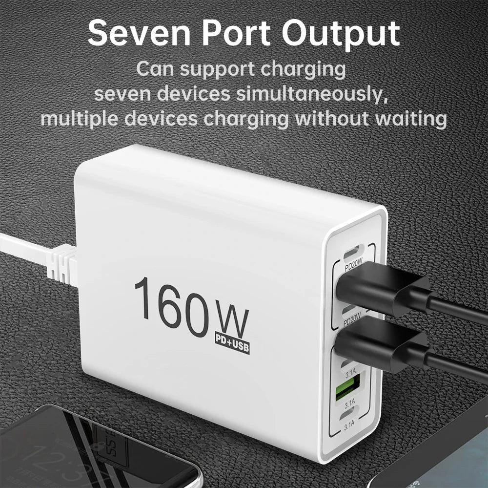 160W 7-Port USB-C Fast Charger QC3.0 | EU & US Wall Adapter Multi-Port Wall Charger QXL