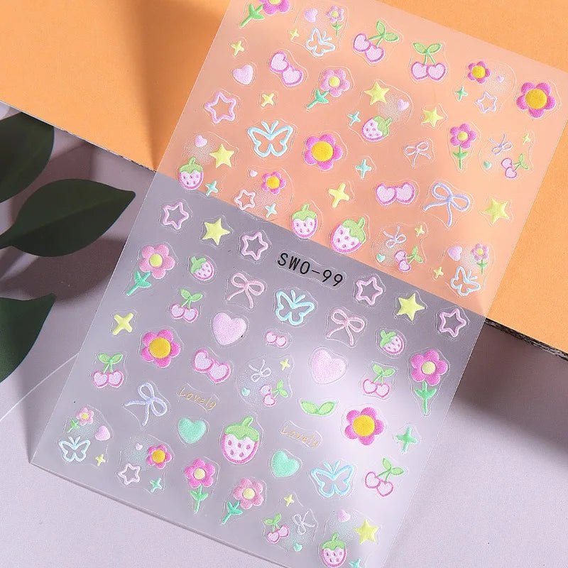 3D Matte Nail Art Stickers | Kawaii Cherry Bow Butterfly Floral Nail Art Stickers QXL