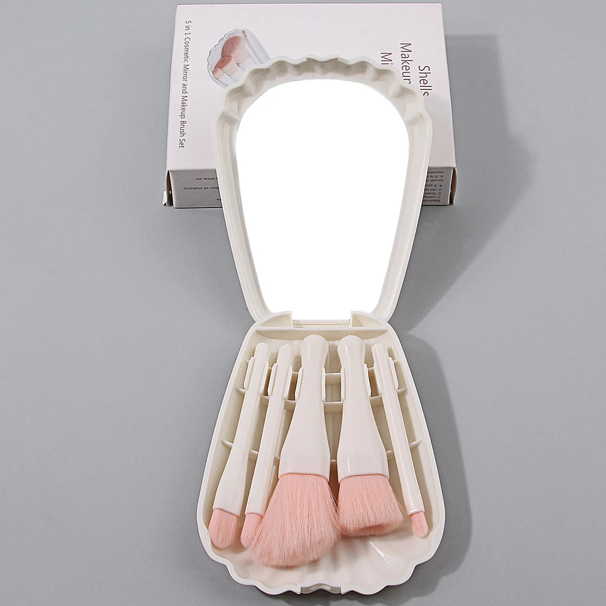 6-Piece Mini Shell Makeup Brush Set with Mirror Storage Makeup Brush Set QXL WHITE