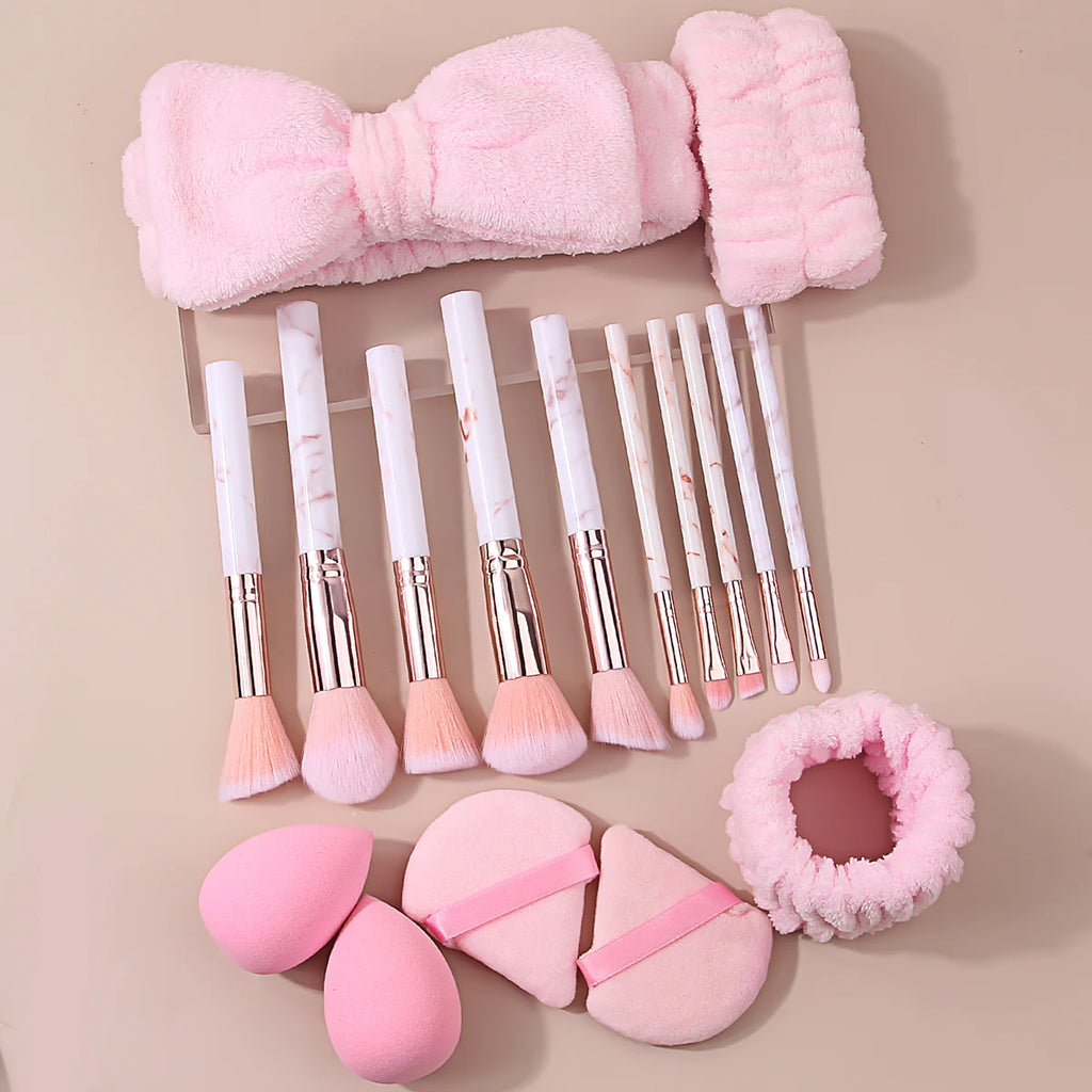 17-Pc Pink Makeup Brush Set with Sponge Puff & Wrist Strap Makeup Brush Set QXL