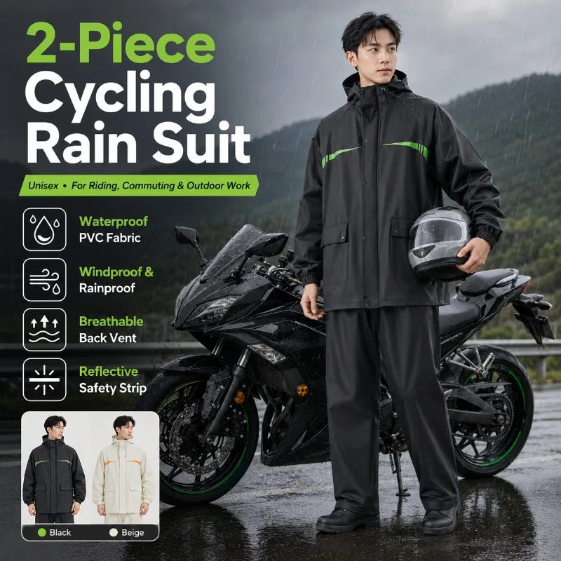 Unisex 2-Piece Waterproof Cycling Rain Suit – Jacket & Pants Cycling Rain Suit QXL