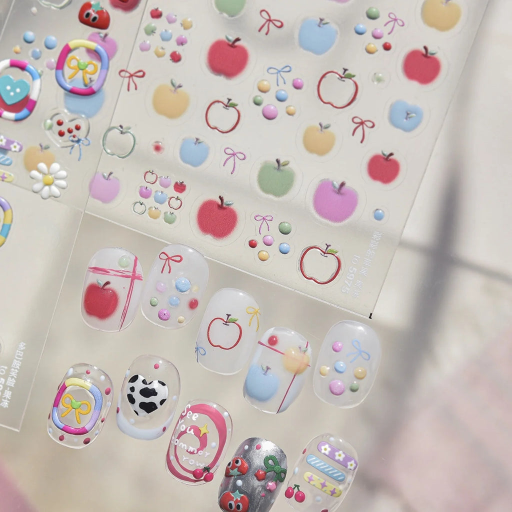 5D Gradient Apple & Bow Nail Stickers | Summer Decals Nail Art Stickers QXL