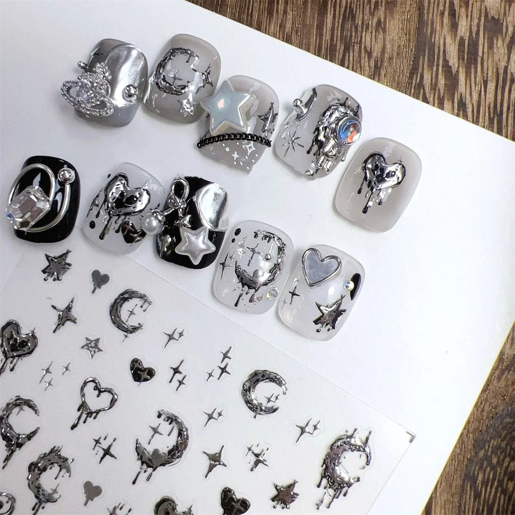 5D Bronzing Punk Nail Stickers | Gothic Star Moon Heart Decals Nail Art Stickers QXL