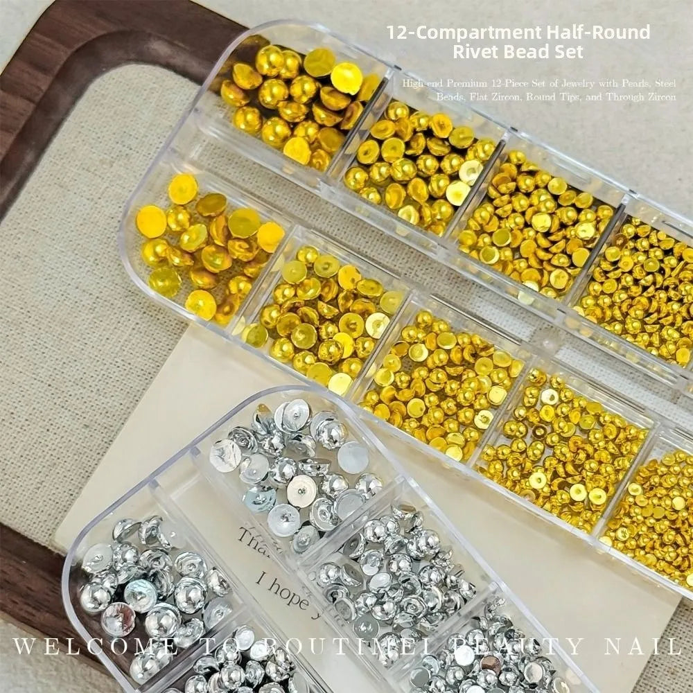 3D Half Round Pearl Nail Charms | Gold & Silver Flatback Beads Nail Art Charms QXL