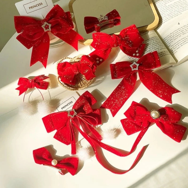 Red Gold Bow Hair Clip | Christmas Holiday Hair Accessory Bow Hair Clip QXL