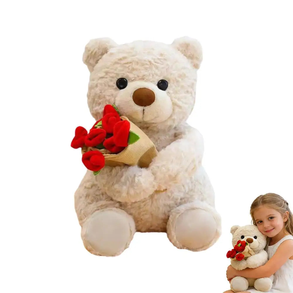 Rose Bear Plush Toy with Mini Rose Bouquet | 30cm & 38cm Stuffed Plush Toy QXL Beige 30cm