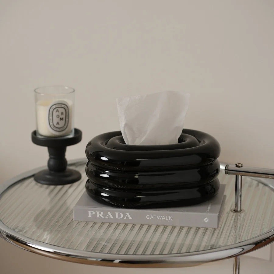 Ceramic Tissue Box Holder | Creamy Circular Desktop Organizer Ceramic Tissue Box QXL