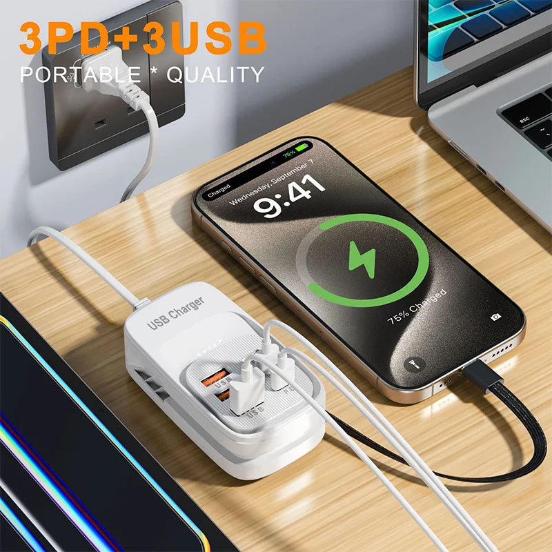 6-in-1 Desktop USB Charging Station | 3 PD + 3 USB Ports USB Charging Station QXL