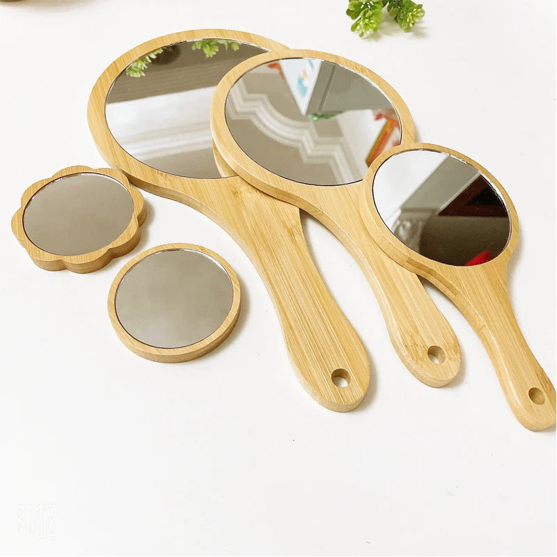 Bamboo Handheld Round Makeup Mirror | Portable Vanity Mirror Handheld Makeup Mirror QXL